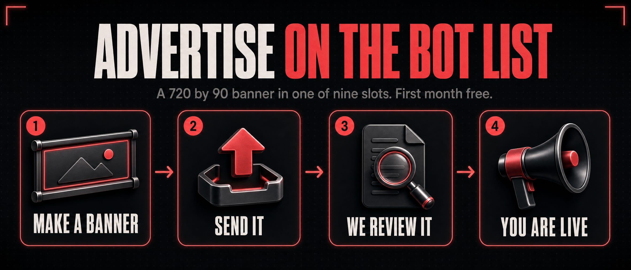Advertise on the bot list: make a banner, send it, we review it, you are live.