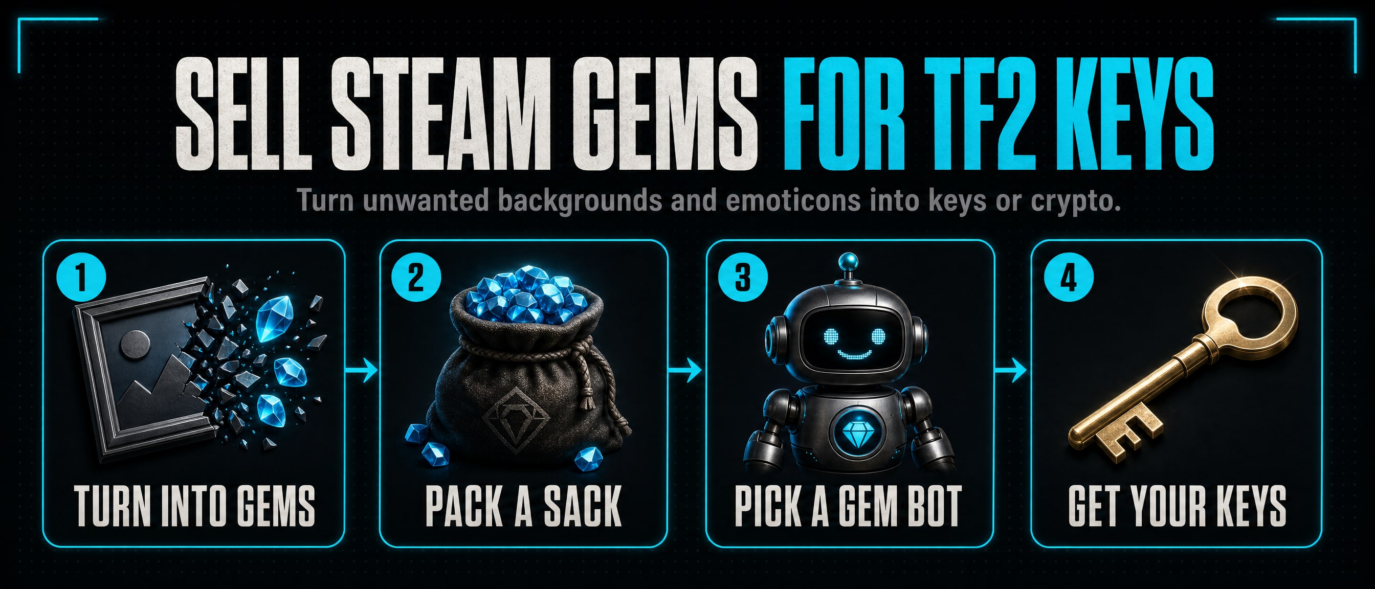 Sell Steam gems for TF2 keys: turn into gems, pack a sack, pick a gem bot, get your keys.